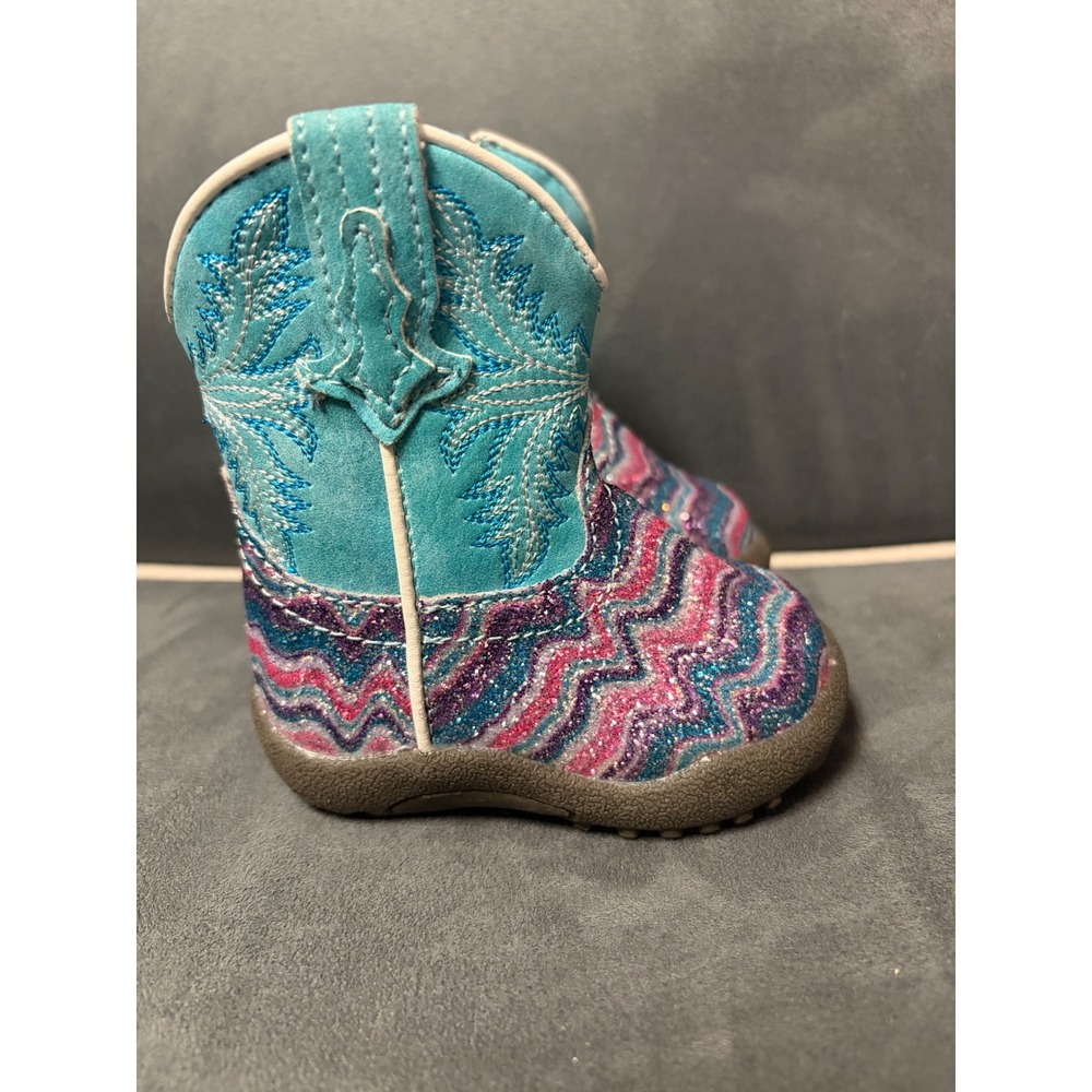 Roper Infant Girls Turquoise Pink Glitter Chevron Western Cowboy Boots Size 1